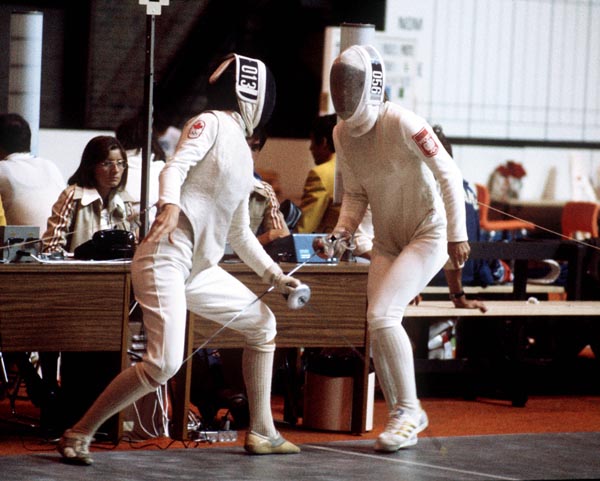 Canada's Susan Stewart (left) competes in the fencing event at the 1976 Olympic games in Montreal. (CP PHOTO/ COA/ BB)
