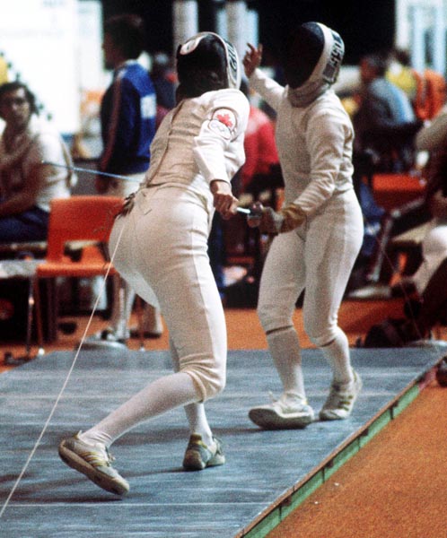 Canada's Chantal Payer (left) competes in the fencing event at the 1976 Olympic games in Montreal. (CP PHOTO/ COA/ BB)