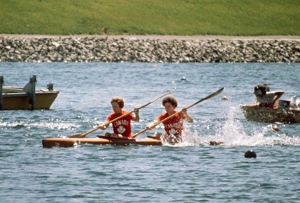 Canada's Ann Dodge and Susan Holloway compete in a kayaking event at the 1976 Olympic games in Montreal. (CP PHOTO/ COA/ Ted Grant)