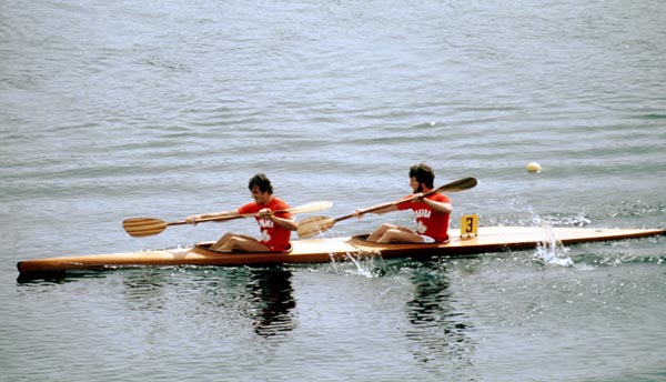 Canada's Denis Barre and Steve King compete in a kayaking event at the 1976 Olympic games in Montreal. (CP PHOTO/ COA/ Ted Grant)