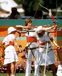 Canada's Linda Kazienko competes in the archery event at the 1984 Olympic Games in Los Angeles. (CP Photo/ COA/Tim O'lett)