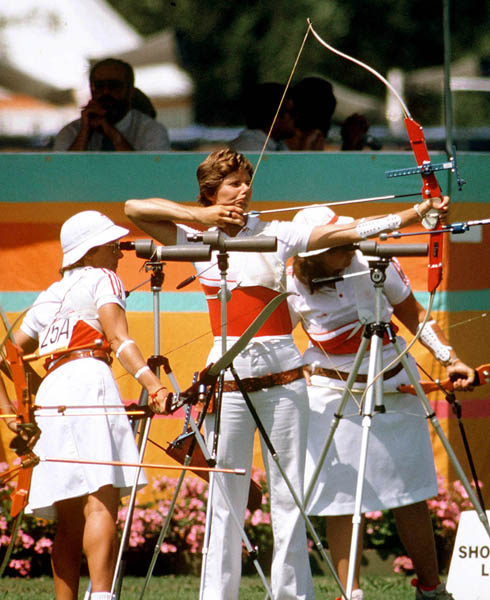 Canada's Linda Kazienko (centre) competes in the archery event at the 1984 Olympic Games in Los Angeles. (CP Photo/ COA/Tim O'lett)