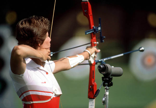 Canada's Linda Kazienko competes in the archery event at the 1984 Olympic Games in Los Angeles. (CP Photo/ COA/Tim O'lett)