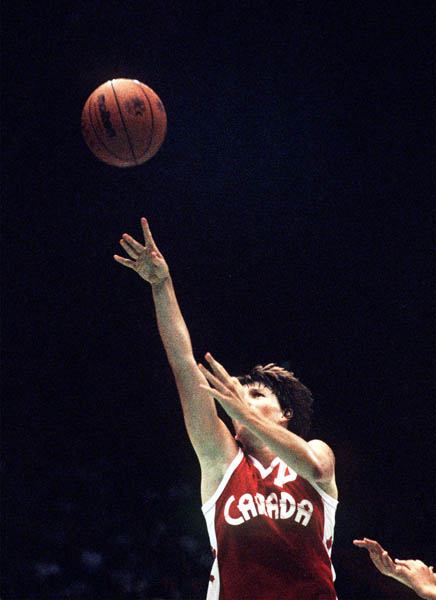 Canada's Bev Smith throws for the hoop during women's basketball action at the 1984 Olympic Games in Los Angeles. (CP PHOTO/COA/JM)