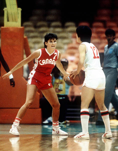 Canada's Debbie Huband blocks during women's basketball action at the 1984 Olympic Games in Los Angeles. (CP PHOTO/COA/JM)