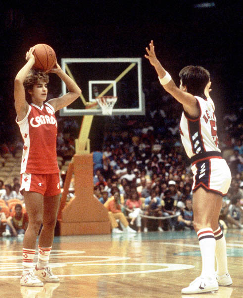 Canada's Lynn Polson (left) lines-up a shot during women's basketball action at the 1984 Olympic Games in Los Angeles. (CP PHOTO/COA/JM)