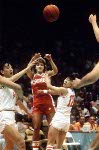 Canada's Anna Pendergast (right) runs with the ball during women's basketball action at the 1984 Olympic Games in Los Angeles. (CP PHOTO/COA/JM)