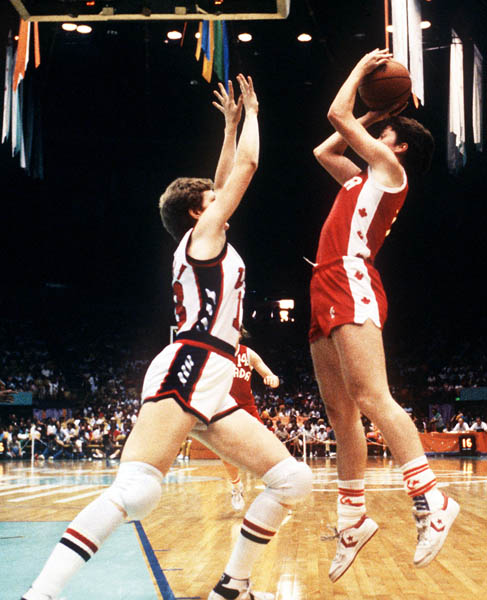 Canada's Anna Pendergast (right) jumps during women's basketball action at the 1984 Olympic Games in Los Angeles. (CP PHOTO/COA/JM)