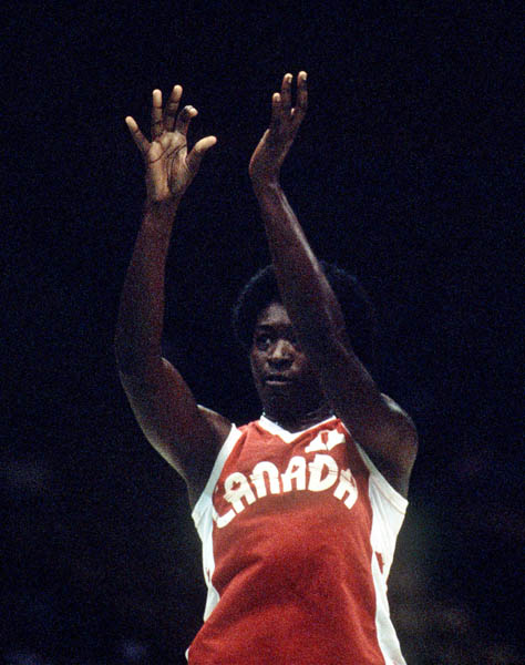 Canada's Sylvia Sweeney gestures during women's basketball action at the 1984 Olympic Games in Los Angeles. (CP PHOTO/COA/JM)