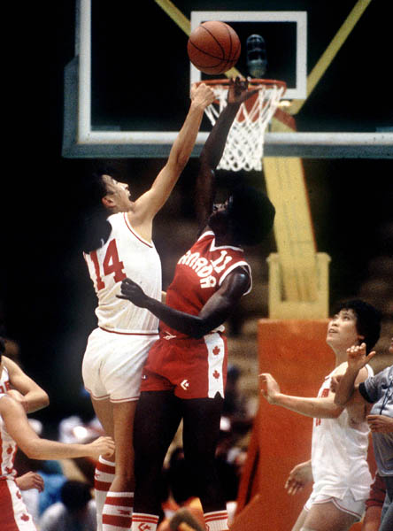 Canada's Sylvia Sweeney (11) blocks a shot during women's basketball action at the 1984 Olympic Games in Los Angeles. (CP PHOTO/COA/JM)