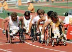 Canada's Andre Viger (front) and Mel Fitzgerald (left) compete in a wheelchair event at the 1984 Olympic games in Los Angeles. (CP PHOTO/ COA/J Merrithew)