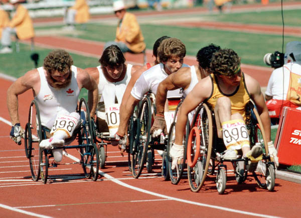 Canada's Mel Fitzgerald (998) competes in the wheelchair event at the 1984 Olympic games in Los Angeles. (CP PHOTO/ COA/J Merrithew )
