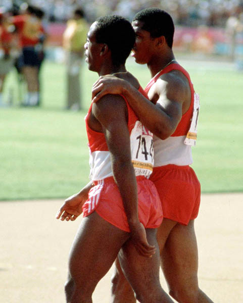 Canada's Desai Williams (left) and Sterling Hinds compete in an athletics event at the 1984 Olympic games in Los Angeles. (CP PHOTO/ COA/JM)