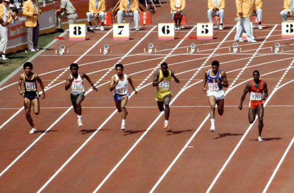 Canada's Ben Johnson (far right) competes in the 100m event at the 1984 Olympic games in Los Angeles. (CP PHOTO/ COA/JM)