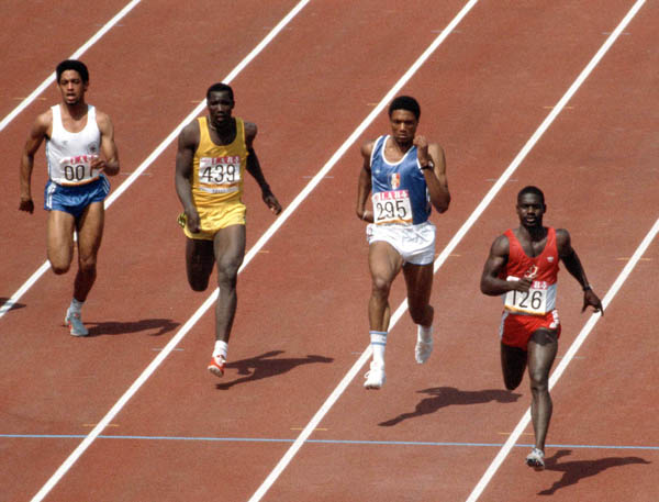 Canada's Ben Johnson (far right) competes in the 100m event at the 1984 Olympic games in Los Angeles. (CP PHOTO/ COA/JM)