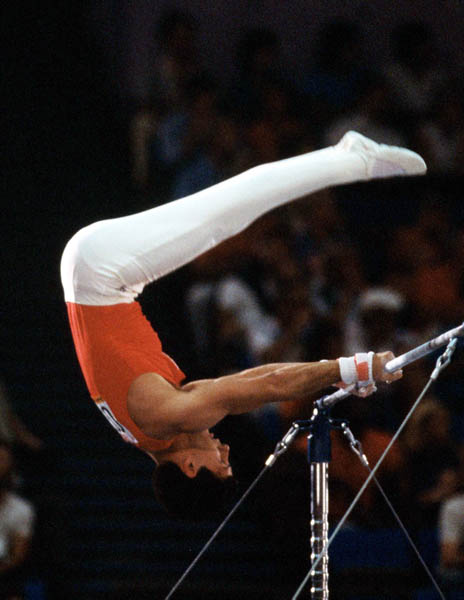 Canada's Daniel Gaudet competes in a gymnastics event at the 1984 Olympic games in Los Angeles. (CP PHOTO/ COA/ Tim O'lett)