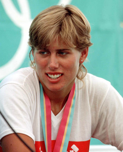 Canada's Silken Laumann celebrates a bronze medal win in the 2x women's rowing event at the 1984 Olympic games in Los Angeles. (CP PHOTO/ COA/Ted Grant)