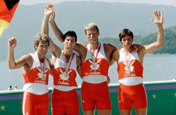 Canada's men's 4 rowing team celebrate their silver medal win in the rowing event at the 1984 Olympic games in Los Angeles. (CP PHOTO/ COA/Ted Grant)