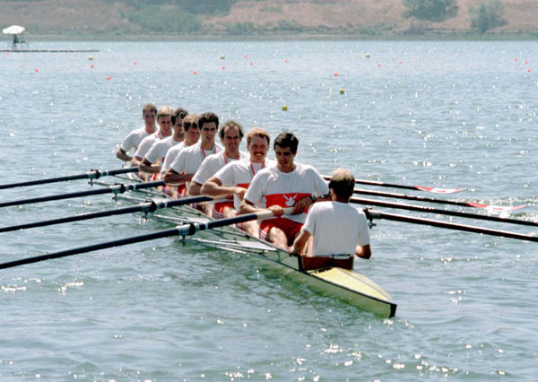 Canada's men's 8 rowing team celebrate their gold medal win in the 8 rowing event at the 1984 Olympic games in Los Angeles. (CP PHOTO/ COA/Ted Grant)
