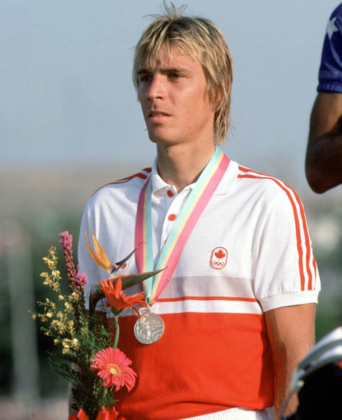Canada's Steve Bauer celebrates a silver medal win in a cycling event at the 1984 Olympic games in Los Angeles. (CP PHOTO/ COA/)