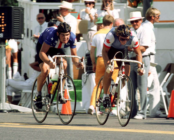 Canada's Steve Bauer (right) competes in the road cycling event at the 1984 Summer Olympics in Los Angeles. (CP PHOTO/ COA/ J Merrithew)