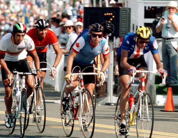 Canada's Steve Bauer (centre) competes in a road cycling event at the 1984 Summer Olympics in Los Angeles. (CP PHOTO/ COA/ J Merrithew)