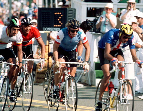 Canada's Steve Bauer (centre) competes in a road  cycling event at the 1984 Summer Olympics in Los Angeles. (CP PHOTO/ COA/ J Merrithew)