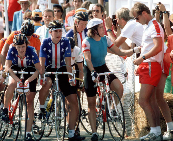 Canada's Genevieve Robic Brunet (right) competes in a road cycling event at the 1984 Summer Olympics in Los Angeles. (CP PHOTO/ COA/ J Merrithew)