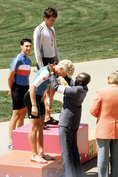 Canada's Curt Harnett celebrates a silver medal win in a track cycling event at the 1984 Olympic games in Los Angeles. (CP PHOTO/ COA/)
