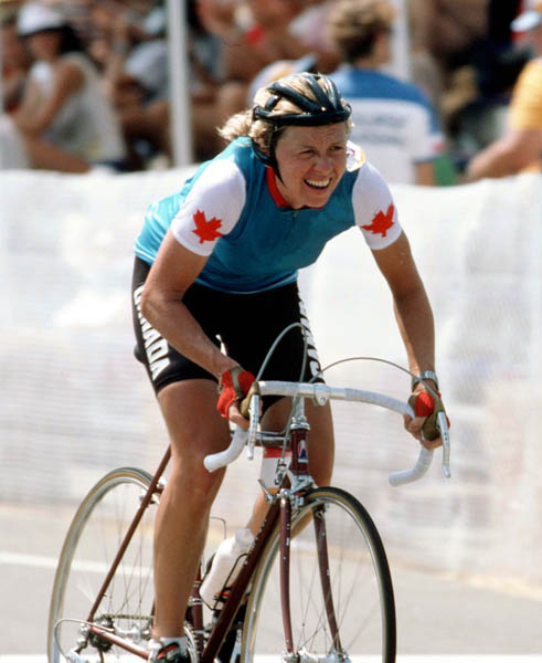 Canada's Karen Strong Hearth competes in a road cycling event at the 1984 Summer Olympics in Los Angeles. (CP PHOTO/ COA/ J Merrithew)