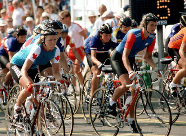 Canada's Karen Strong Hearth (left) competes in a road cycling event at the 1984 Summer Olympics in Los Angeles. (CP PHOTO/ COA/ J Merrithew)