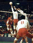 Canada's John Barrett (3) and Al Coulter (6) compete in the men's volleyball event at the 1984 Los Angeles Summer Olympic Games. (CP PHOTO/COA/Scott Grant)