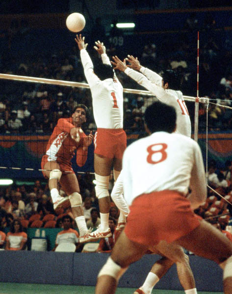 Canada's John Barrett (left) competes in the men's volleyball event at the 1984 Los Angeles Summer Olympic Games. (CP PHOTO/COA/Scott Grant)