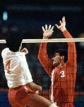 Canada's John Barrett (3) and Al Coulter (6) compete in the men's volleyball event at the 1984 Los Angeles Summer Olympic Games. (CP PHOTO/COA/Scott Grant)