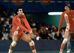 Canada's Paul Gratton (left) and Don Saxton compete in the men's volleyball event at the 1984 Los Angeles Summer Olympic Games. (CP PHOTO/COA/Scott Grant)