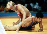 Canada's Dave McKay (red) competes in the wrestling event at the 1984 Olympic games in Los Angeles. (CP PHOTO/COA/Crombie McNeil)