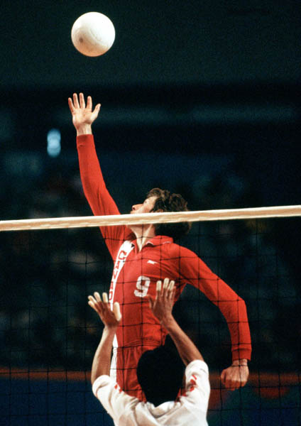 Canada's Don Saxton (9) competes in the men's volleyball event at the 1984 Los Angeles Summer Olympic Games. (CP PHOTO/COA/Scott Grant)