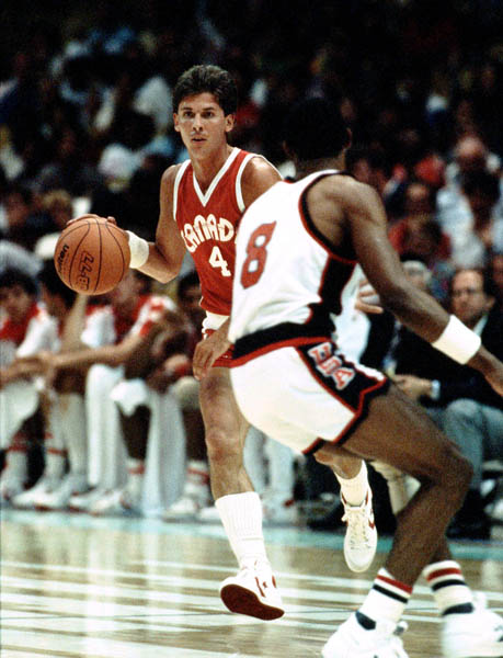 Canada's Howard Kelsey (left) plays basketball at the 1984 Olympic Games in Los Angeles. (CP PHOTO/COA/J. Merrithew)
