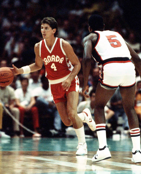 Canada's Howard Kelsey (left) plays basketball at the 1984 Olympic Games in Los Angeles. (CP PHOTO/COA/J. Merrithew)