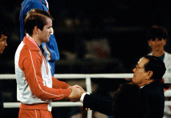 Canada's Shawn O'Sullivan celebrates a silver medal win in the boxing event at the 1984 Olympic games in Los Angeles. (CP PHOTO/ COA/)