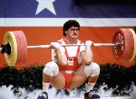 Canada's Albert Squires celebrates a successfull lift during weightlifting action at the 1984 Olympic games in Los Angeles. (CP PHOTO/ COA/Tim O'lett )