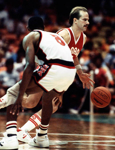 Canada's Karl Tilleman (right) plays basketball at the 1984 Olympic Games in Los Angeles. (CP PHOTO/COA/J. Merrithew)