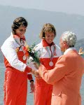 Canada's Alexandra Barre (left) and Sue Holloway  celebrate a silver medal win in the women's 2x kayak event at the 1984 Olympic games in Los Angeles. (CP PHOTO/ COA/)