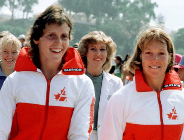 Canada's Alexandra Barre (left) and Sue Holloway  celebrate a silver medal win in the women's 2x kayak event at the 1984 Olympic games in Los Angeles. (CP PHOTO/ COA/)