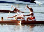 Canada's Eric Smith (left) and Steve Botting compete in the canoeing event at the 1984 Olympic games in Los Angeles. (CP PHOTO/ COA/ Crombie McNeil)