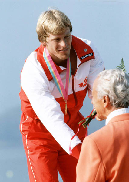 Canada's Larry Cain celebrates a gold medal win in the  men's canoe event at the 1984 Olympic games in Los Angeles. (CP PHOTO/ COA/)