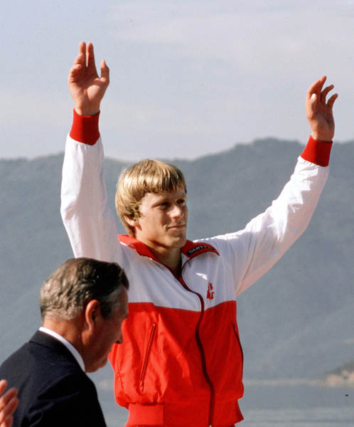 Canada's Larry Cain celebrates a silver medal win in the men's canoe event at the 1984 Olympic games in Los Angeles. (CP PHOTO/ COA/)