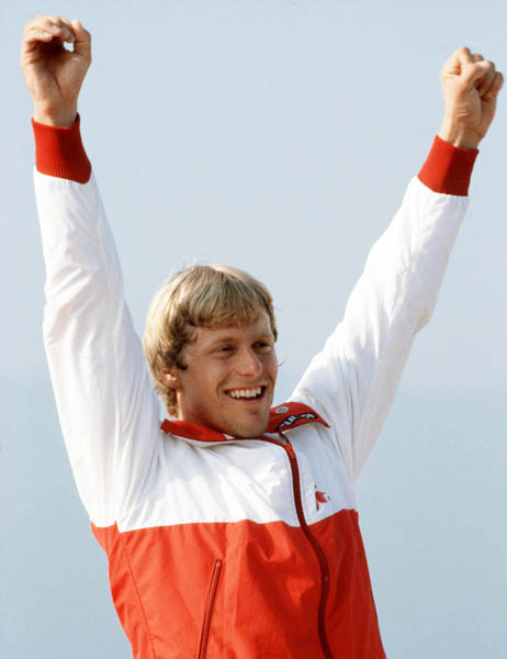 Canada's Larry Cain celebrates a gold medal win in the  men's canoe event at the 1984 Olympic games in Los Angeles. (CP PHOTO/ COA/)