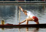 Canada's Adam van Koeverden of Burlington, Ontario races in the K1 500m heat during the Athens 2004 Summer Olympic Games Tuesday August 24, 2004. van Koeverden placed first in the heat. (CP PHOTO/COC-Andre Forget)
