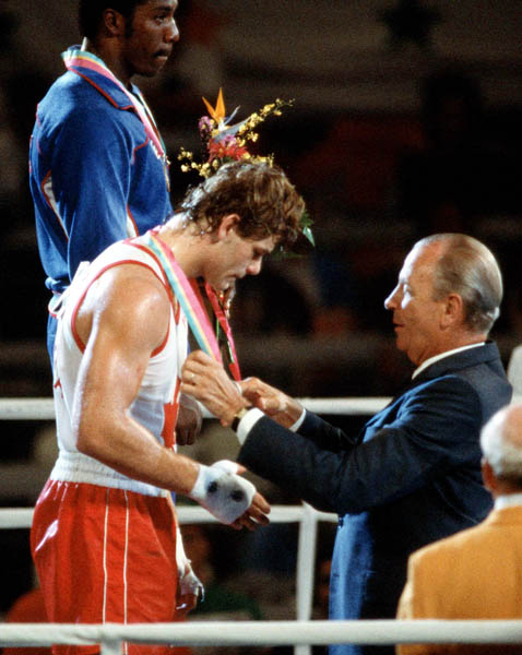 Canada's Willie Dewit (front) celebrates a silver medal win in the boxing event at the 1984 Olympic games in Los Angeles. (CP PHOTO/ COA/)